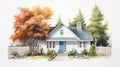 Watercolor House With Autumn Foliage: Lifelike Illustration In Zeiss Milvus 25mm F14