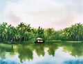 Watercolor of House boat on the river side kerala