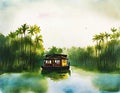 Watercolor of House boat on the river side kerala
