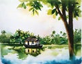 Watercolor of House boat on the river side kerala