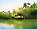 Watercolor of House boat on the river side kerala