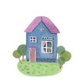 Watercolor house. Cute blue fairytale house. Hand painted illustration, isolated on white. Cartoon hand drawn style. Royalty Free Stock Photo