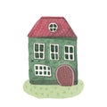 Watercolor house. Cute green fairytale house. Hand painted illustration, isolated on white. Cartoon hand drawn style. Royalty Free Stock Photo