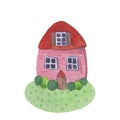 Watercolor house. Cute pink fairytale house. Hand painted illustration, isolated on white. Cartoon hand drawn style