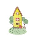 Watercolor house. Cute yellow fairytale house. Hand painted illustration, isolated on white. Cartoon hand drawn style. Royalty Free Stock Photo