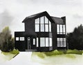 Watercolor of house with dramatic black metal exterior and white created with