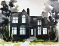 Watercolor of house with dramatic black metal exterior and white created with