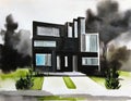 Watercolor of house with dramatic black metal exterior and white created with