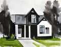 Watercolor of house with dramatic black metal exterior and white created with
