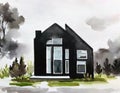 Watercolor of house with dramatic black metal exterior and white created with