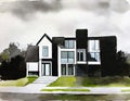 Watercolor of house with dramatic black metal exterior and white created with