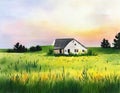 Watercolor of a house in a field