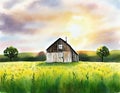 Watercolor of a house in a field