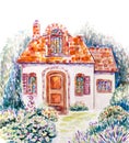 Watercolor house in the garden Royalty Free Stock Photo