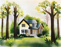 Watercolor of House in Nature home house