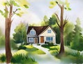 Watercolor of House in Nature home house