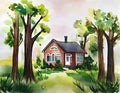 Watercolor of House in Nature home house