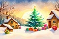 Watercolor house in winter forest. Christmas vector illustration with fir trees with gifts and snow. Royalty Free Stock Photo