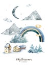 watercolor houses with church, balloons, rainbow, clouds, forest, moon and mountains in pastel colors Royalty Free Stock Photo