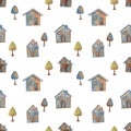 Watercolor houses and trees seamless pattern.