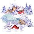 Watercolor ÃÂ¡hristmas illustration, winter red houses covered with snow in scandinavian style