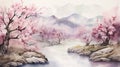 Watercolor Humid: River With Cherry Blossoms Painting