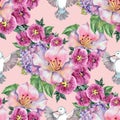 Watercolor Hummingbird  with bouquet flowers on pink background. Seamless pattern. Royalty Free Stock Photo