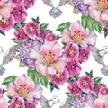 Watercolor Hummingbird  with bouquet flowers on white background. Seamless pattern. Royalty Free Stock Photo