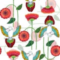 Watercolor Hummingbird  with decorative flowers on white background. Seamless pattern. Royalty Free Stock Photo