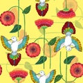 Watercolor Hummingbird  with decorative flowers on yellow background. Seamless pattern. Royalty Free Stock Photo