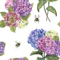 Watercolor hydragenia seamless pattern and branch and bumblebees