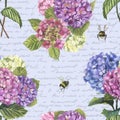 Watercolor hydragenia seamless pattern with bumblebees
