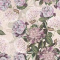 Watercolor hydrangea with peonies on beige background.