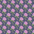 Watercolor Hydrangea seamless pattern. Hand painted pink Hortensia flower with leaves and stem on dark purple background