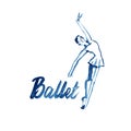 Watercolor I love Ballet illustration with hand drawn blue ballerina