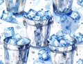 Watercolor Ice Buckets Pattern - Refreshing Blue Cubes in Silver Containers Royalty Free Stock Photo