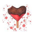 Watercolor ice cream. Bitten heart shaped chocolate red icecream