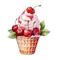 Watercolor ice cream with cherries and mint in waffle cup isolated on white background Royalty Free Stock Photo
