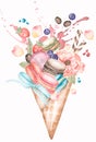 Watercolor ice cream cone with mavcaron and flower peony, rose, sweets and leaves, delicious franch bakery, summer greeting card