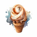 Watercolor Ice Cream Cone Waffle With Brown Sauce - Artgerm Style