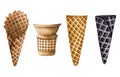 Watercolor ice cream cones set isolated on white. Hand drawn collection of differents cones for ice cream. Royalty Free Stock Photo