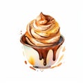 Watercolor Ice Cream Cupcake With Chocolaty Sauce