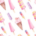 Watercolor ice cream popsicles digital paper. Hand painted summer food illustration. Seamless pattern isolated on white. Royalty Free Stock Photo