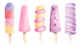 Watercolor ice cream popsicles lollipop stick. Summer clipart isolated on white background. Sweet fresh food elements