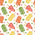 Watercolor ice cream seamless pattern. Hand drawn colorful red, yellow, green popsicles isolated on white background Royalty Free Stock Photo