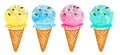 8006 Watercolor Ice Cream. Strawberry, Lemon, Mint and Chocolate Ice Cream Scoop with Cone. Ice Cream Scoop Clip Art