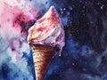 Watercolor ice cream in waffle cone on abstract galaxy background. Generative AI Royalty Free Stock Photo