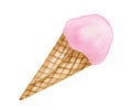 Watercolor ice cream in waffle cone illustration. Hand painted pink scoop plombir with wafer isolated on white