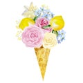 Watercolor ice cream in waffle cone with roses flowers, lemon and wildflowers. Summer illustration for print