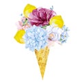 Watercolor ice cream in waffle cone with roses flowers, lemon and wildflowers. Summer illustration for print